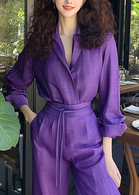 Ensemble chemise et pantalon violet en coton avec poches et dentelle neuve