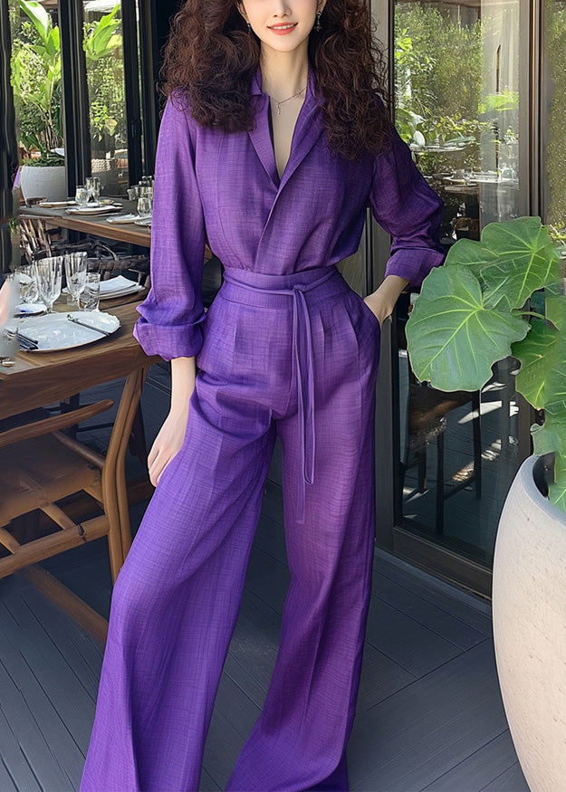 Ensemble chemise et pantalon violet en coton avec poches et dentelle neuve