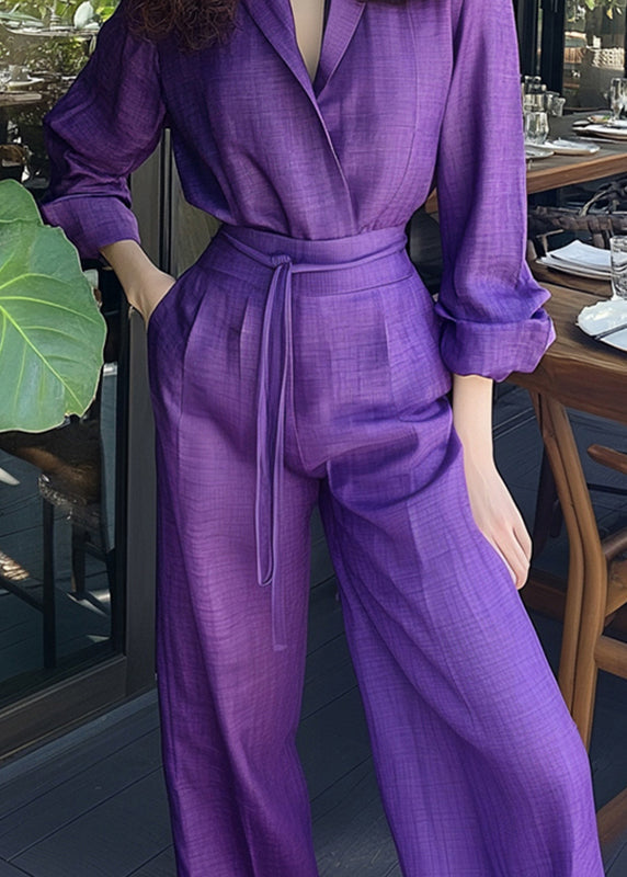 Ensemble chemise et pantalon violet en coton avec poches et dentelle neuve