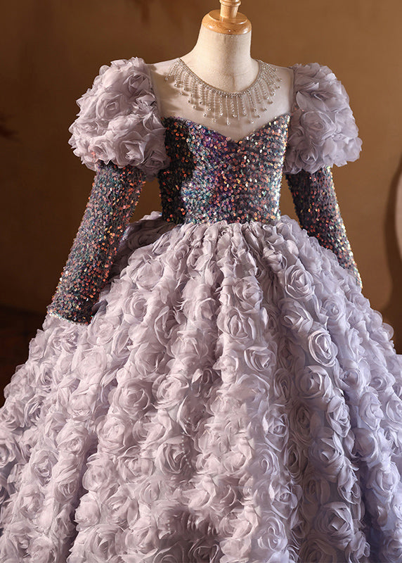 Neue Lila Oansatz Pailletten Tüll Mädchen Langes Kleid Frühling YG015