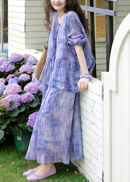 Ensemble deux pièces en coton froissé violet à col rond, printemps YZ019
