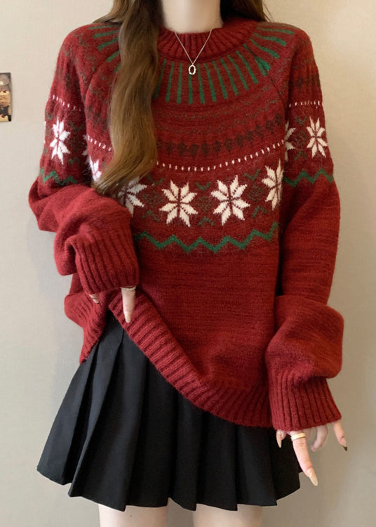 Pulls en maille épaisse jacquard rouge à col rond pour l'hiver RG034