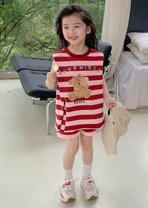 New Red O-Neck Striped Kids Top And Shorts Two Pieces Set Summer SS1020