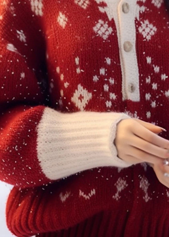 Neue rote O-Ausschnitt Dicker Druck Gestrickte Pullover Tops Herbst WO033