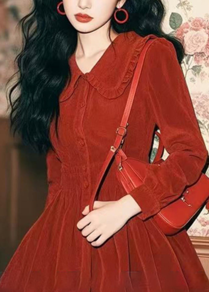 Frühling Cord Neue Rot Kragen Peter Pan Button Kleid Mid