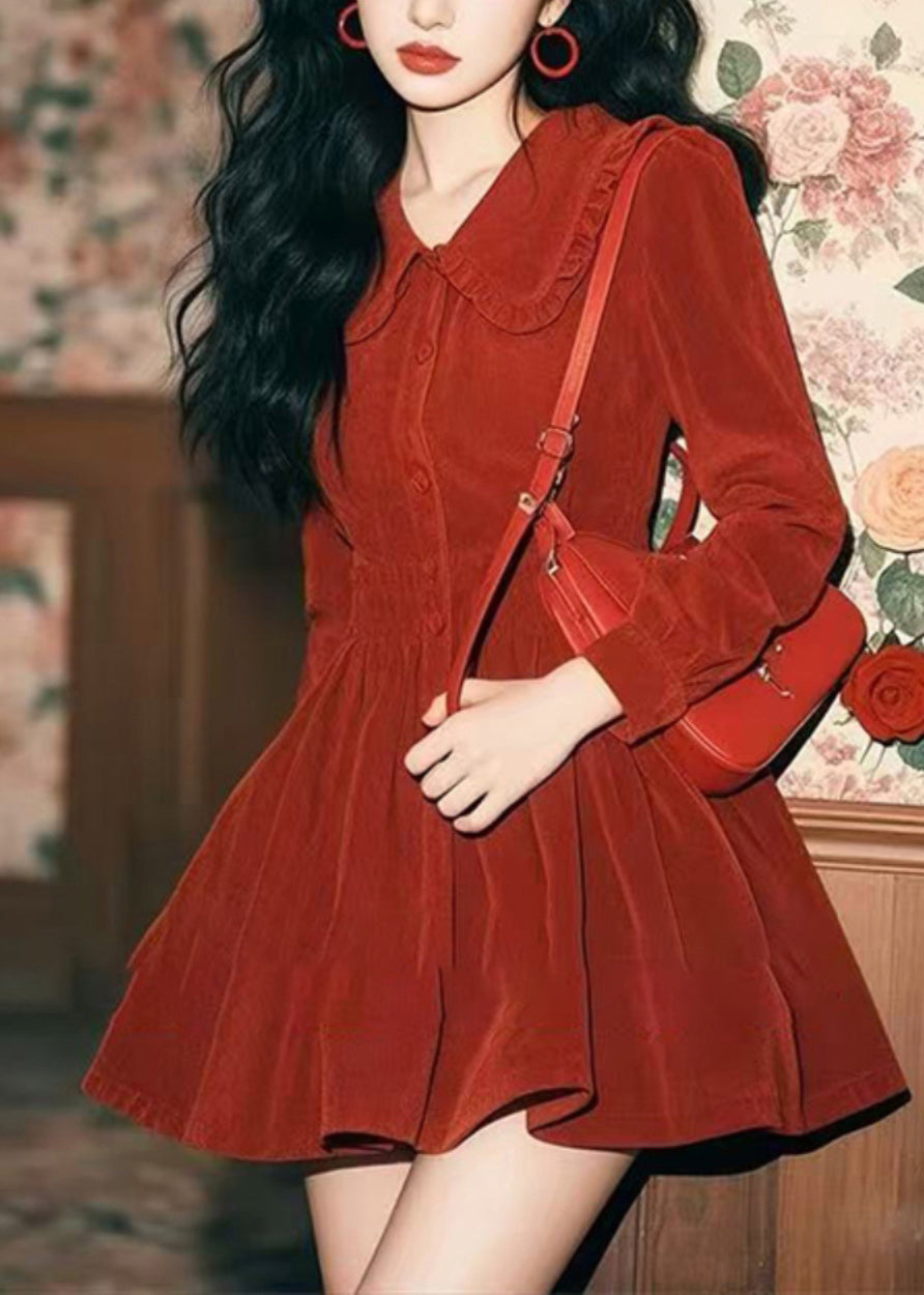 Frühling Cord Neue Rot Kragen Peter Pan Button Kleid Mid