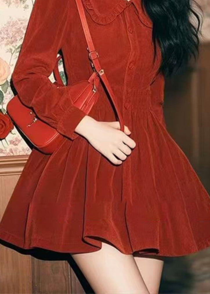 Frühling Cord Neue Rot Kragen Peter Pan Button Kleid Mid