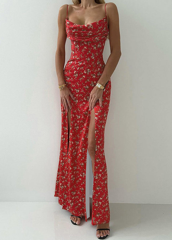 Ärmelloses, offenes Spaghetti-Kleid aus Baumwolle mit seitlichen Trägern und Print in Rot