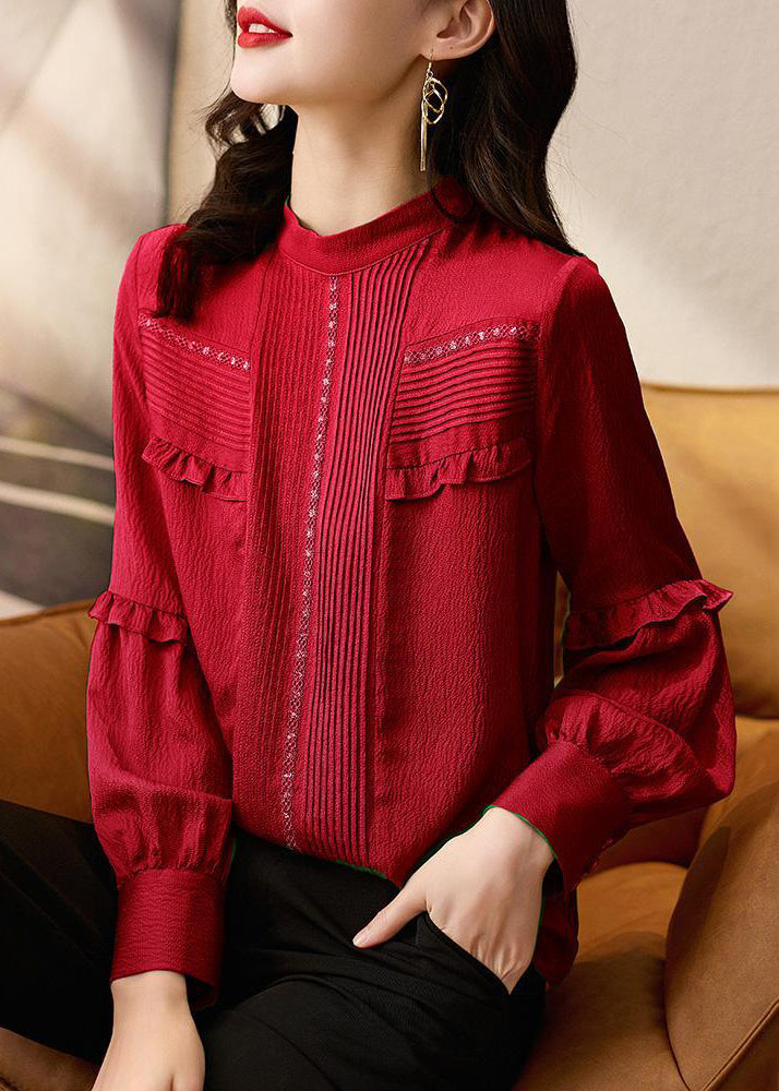 Neues rotes Rüschen-Baumwollhemd mit Original-Design, Frühling, RL046