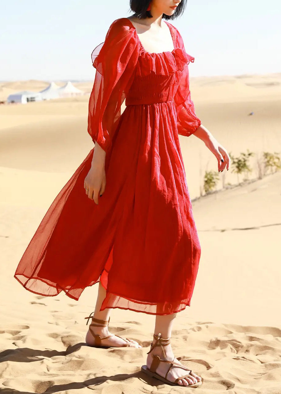 Strandkleid aus Puff-Baumwolle mit quadratischem rotem Kragen und offenen Seitenärmeln