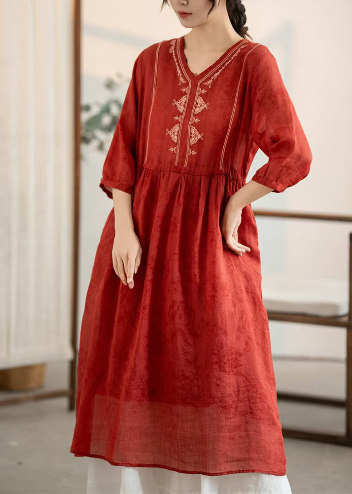 Sommer Rotes Kleid Neue Hals Leinen Bestickt Faltig V