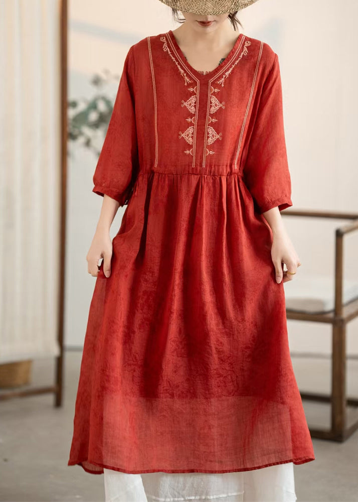 Sommer Rotes Kleid Neue Hals Leinen Bestickt Faltig V