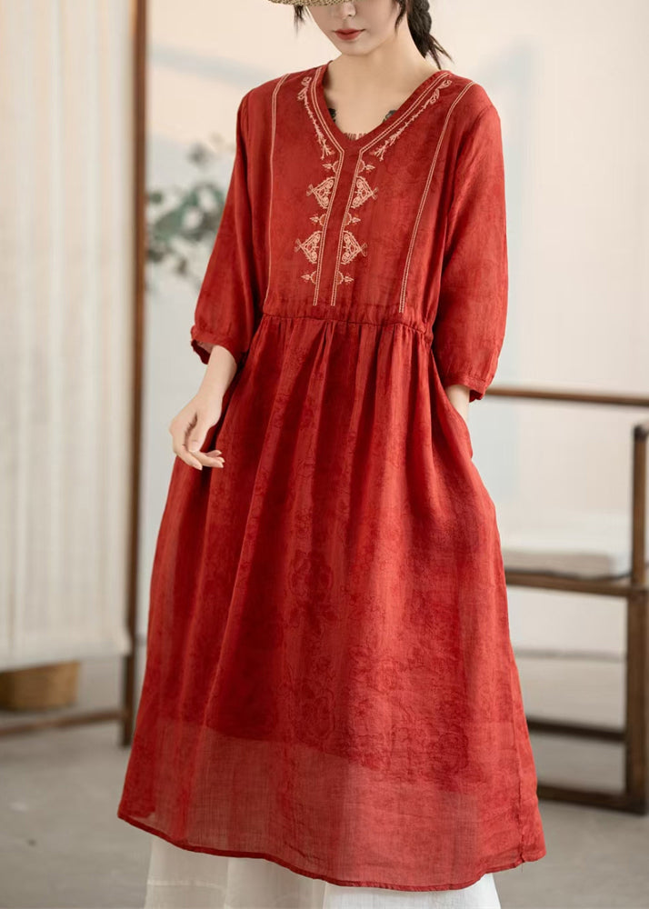 Sommer Rotes Kleid Neue Hals Leinen Bestickt Faltig V