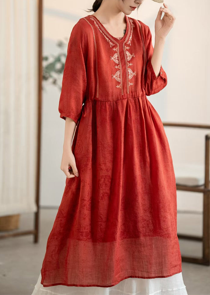 Sommer Rotes Kleid Neue Hals Leinen Bestickt Faltig V