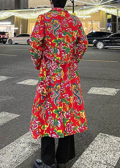 Parka longue rouge à col en V et poches imprimées pour homme, nouvelle collection hiver RO023