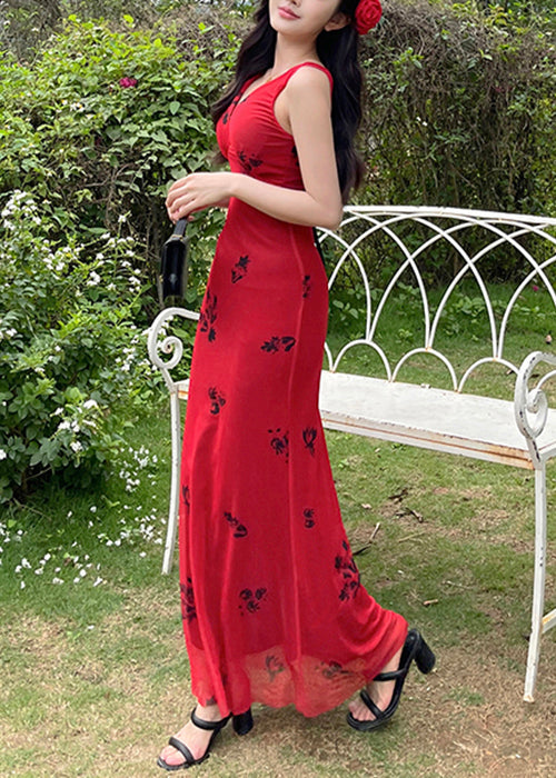 Nouvelle robe longue rouge en tulle imprimé col V sans manches YT025