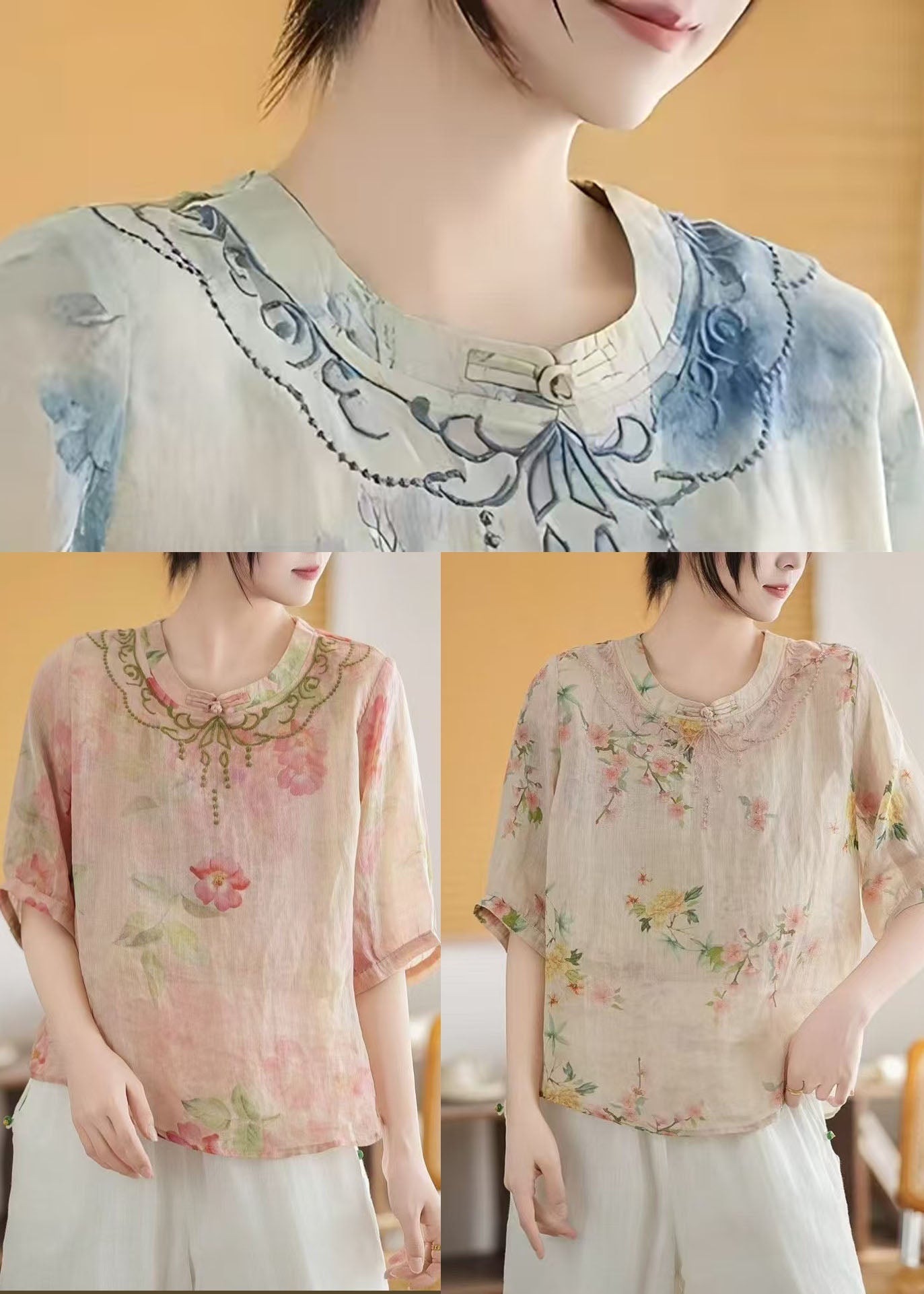 Style New Linen Retro Tops Summer Chinese Apricot Print