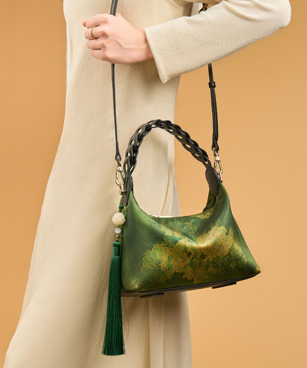 Bag Print Green Retro Tassel Blackish Silk New Tote
