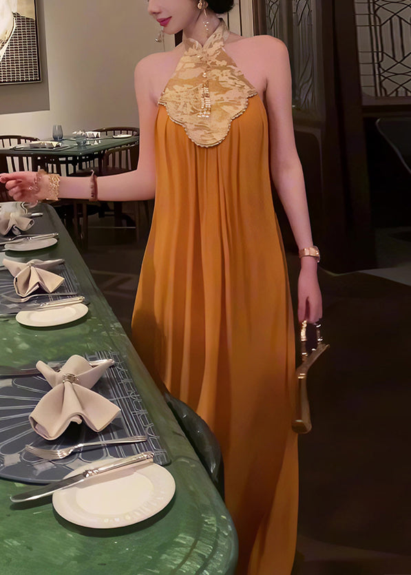 Robe d'été rétro patchwork orange en mousseline de soie