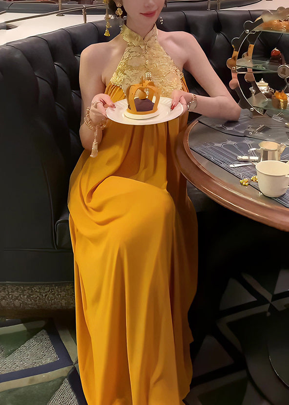 Robe d'été rétro patchwork orange en mousseline de soie