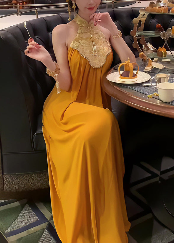 Robe d'été rétro patchwork orange en mousseline de soie