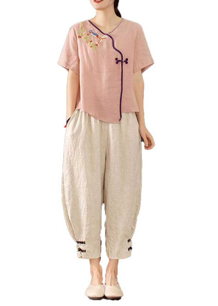 Neues chinesisches Retro-Sommer-Outfit mit bestickten Knöpfen in Rosa 2