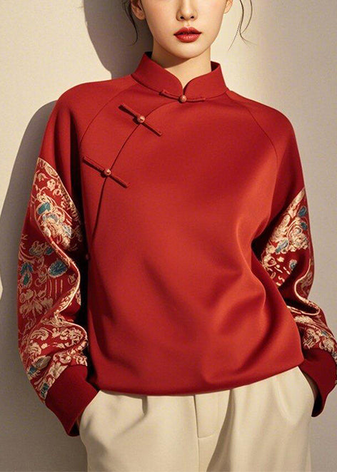 Neue Retro Rot Chinesischen Taste Patchwork Baumwolle Pullover Sweatshirt Frühling YJ035