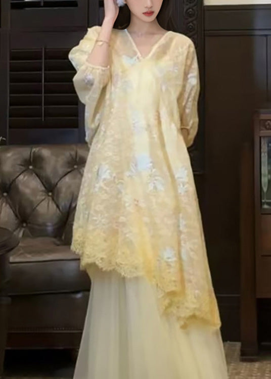 Asymmetrisches besticktes gelbes Kleid Retro New Tüll Oriental