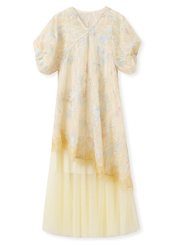 Asymmetrisches besticktes gelbes Kleid Retro New Tüll Oriental