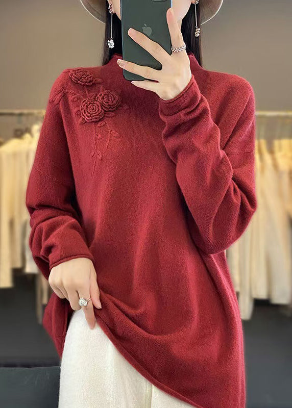 Neuer schlichter beigefarbener bestickter Wollstrickpullover Frühling TQ015