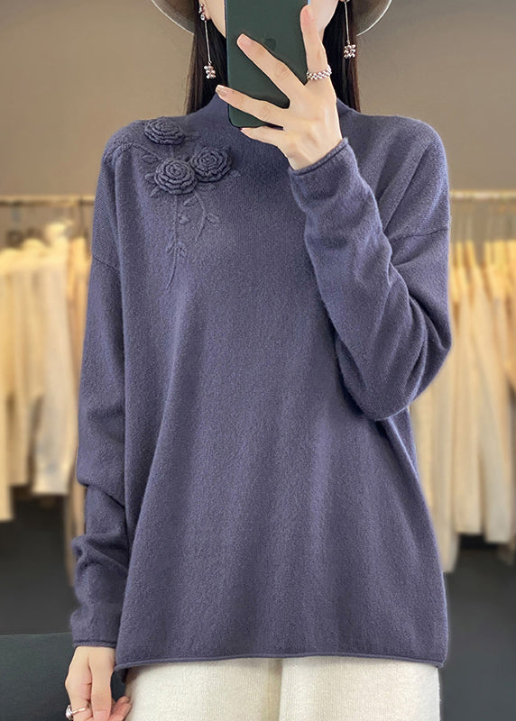 Neuer schlichter beigefarbener bestickter Wollstrickpullover Frühling TQ015