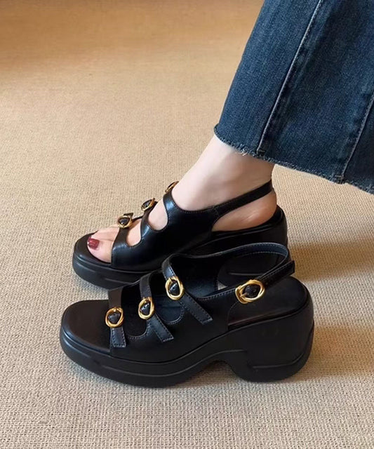 Toe Peep Leather New Platform Faux Sandals Splicing Black