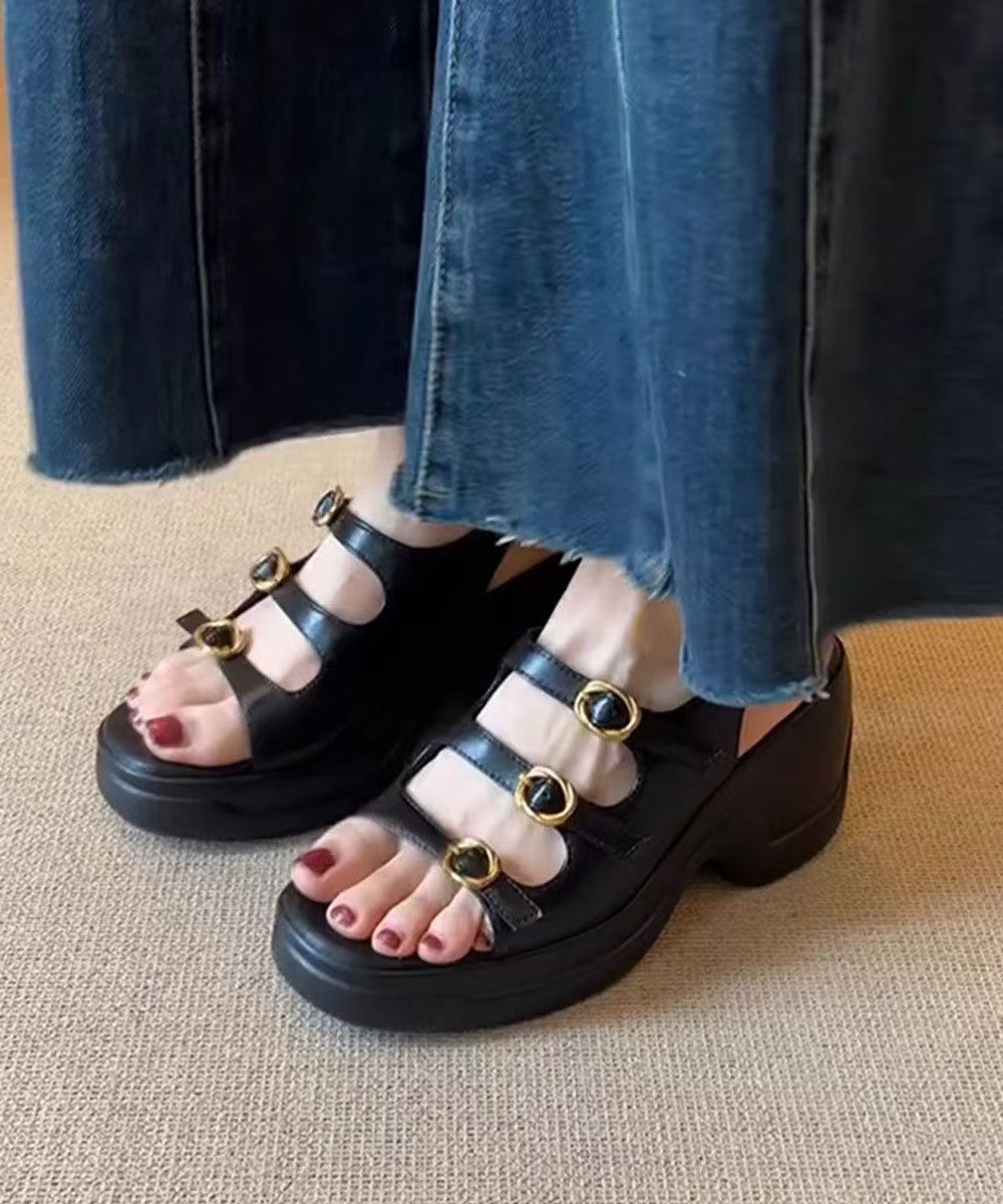 Toe Peep Leather New Platform Faux Sandals Splicing Black