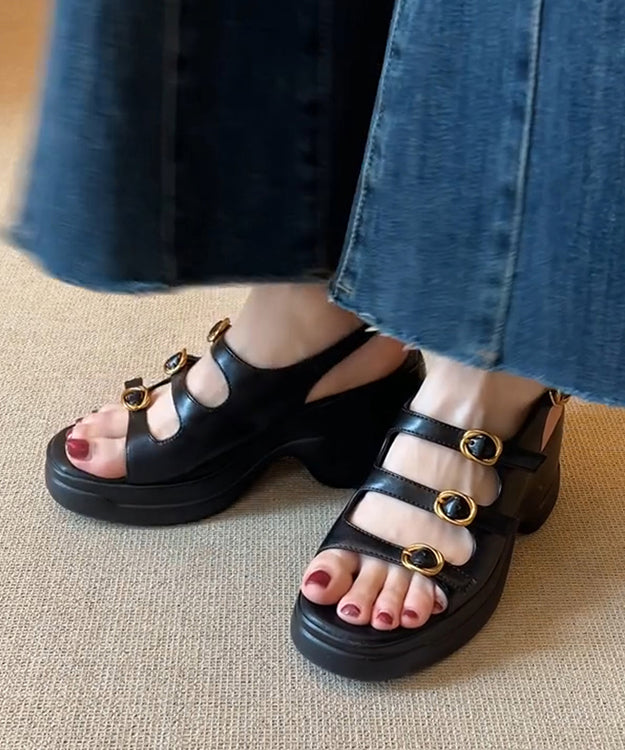 Toe Peep Leather New Platform Faux Sandals Splicing Black