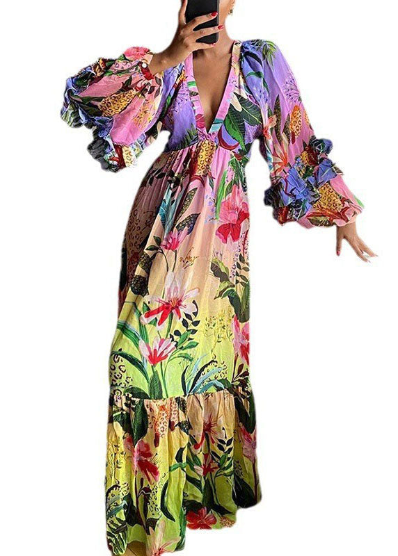 Neues Partykleid aus Baumwolle mit V-Ausschnitt und Rüschendruck, Patchwork, Frühling TL035