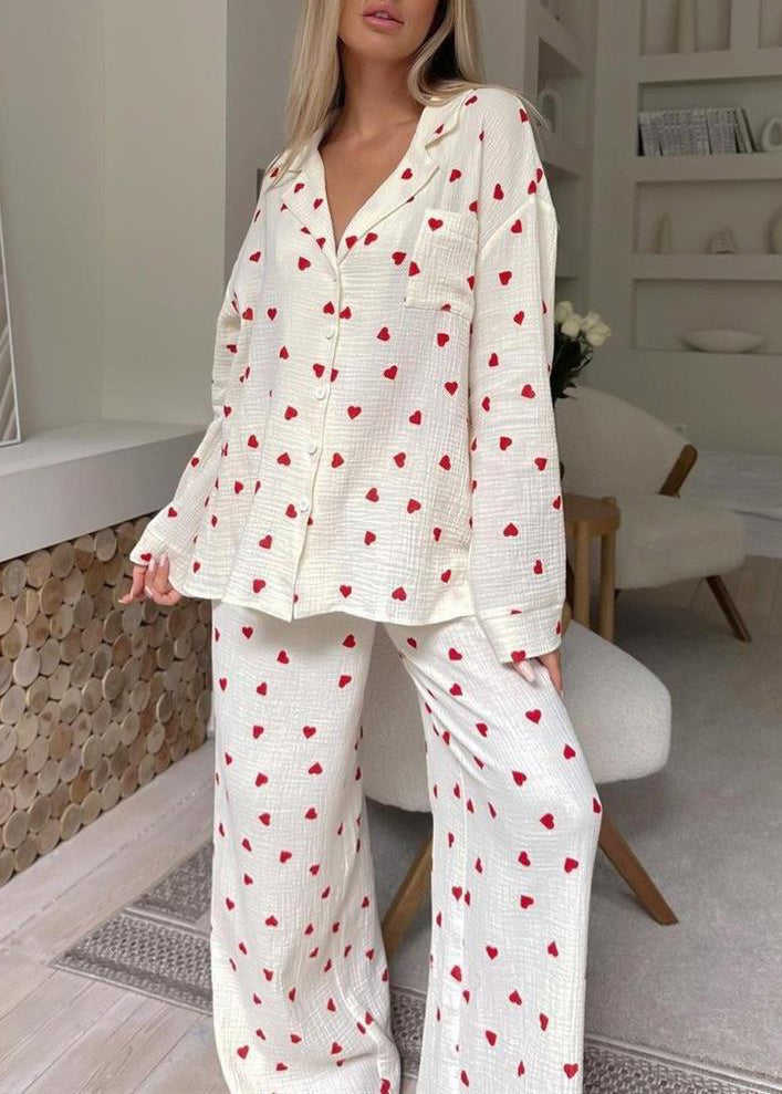 Fall Love Sets White Print Notched New Pajama Cotton