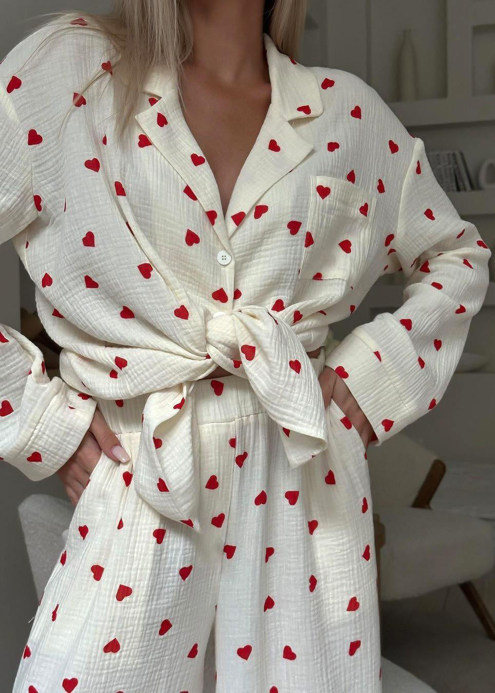 Fall Love Sets White Print Notched New Pajama Cotton