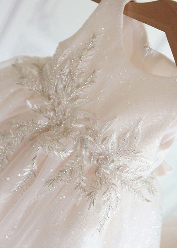 Neues weißes O-Ausschnitt Patchwork Tüll Kinder Urlaub Maxikleid Sommer YS017