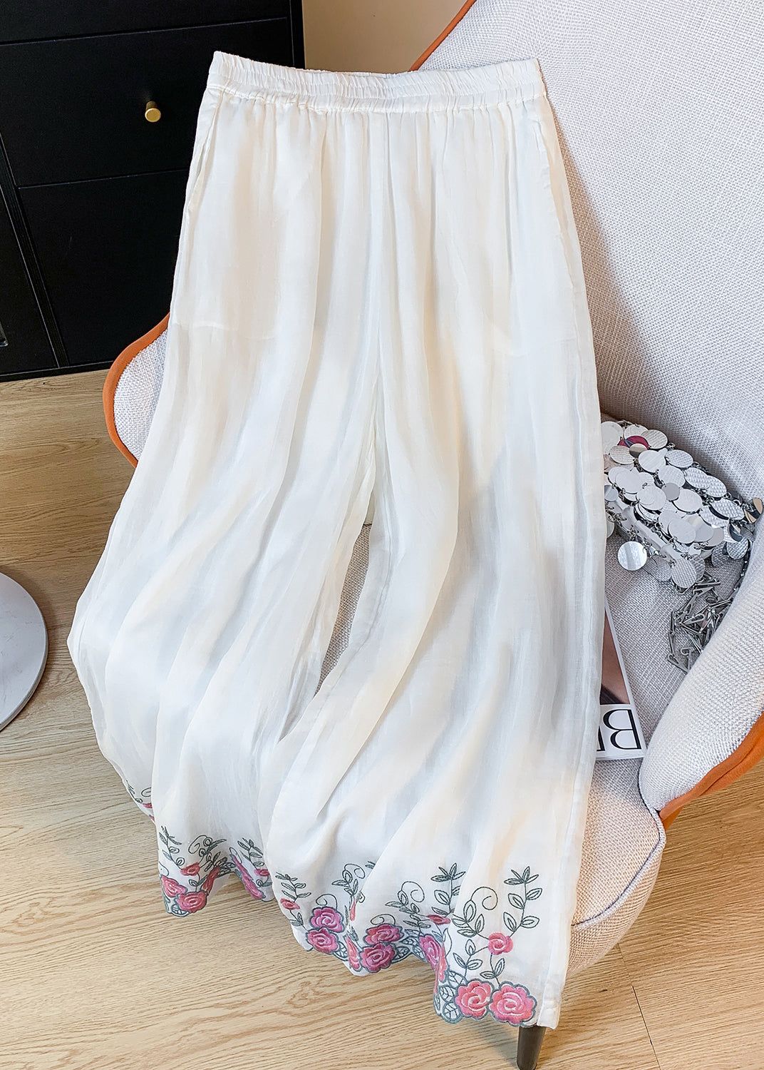 Crop White Pockets New Pants Elastic Linen Waist