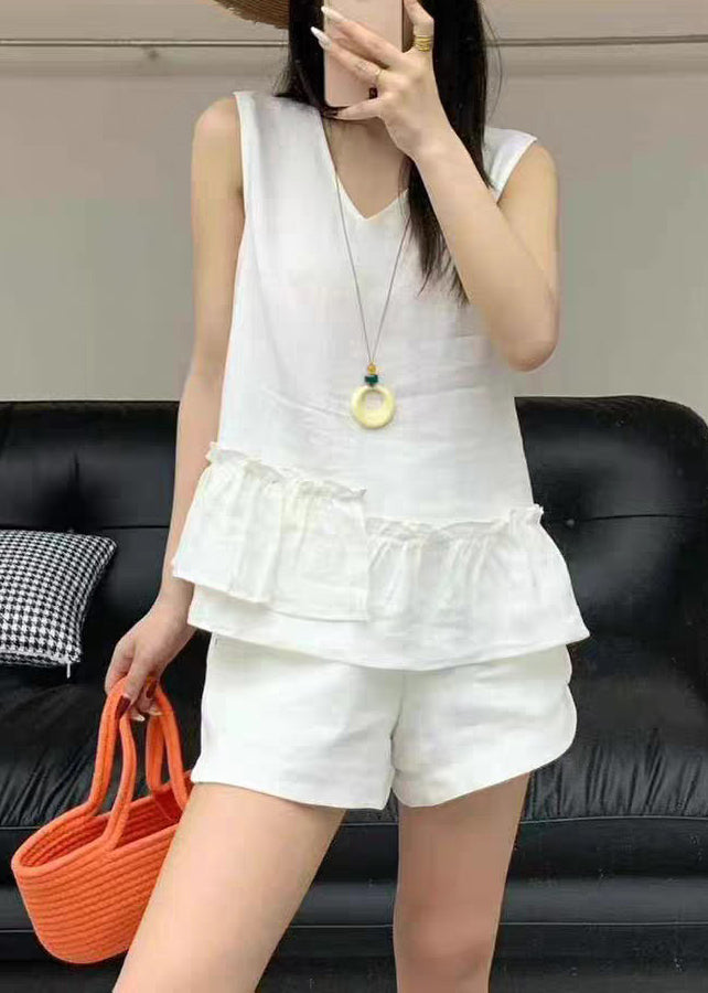 Pieces Two White Solid Ruffled Pockets Linen Set Summer New