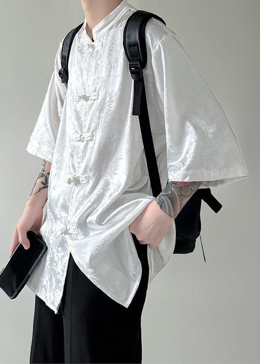 Chemise blanche à col montant et boutons en soie pour homme, demi-manches, YT073