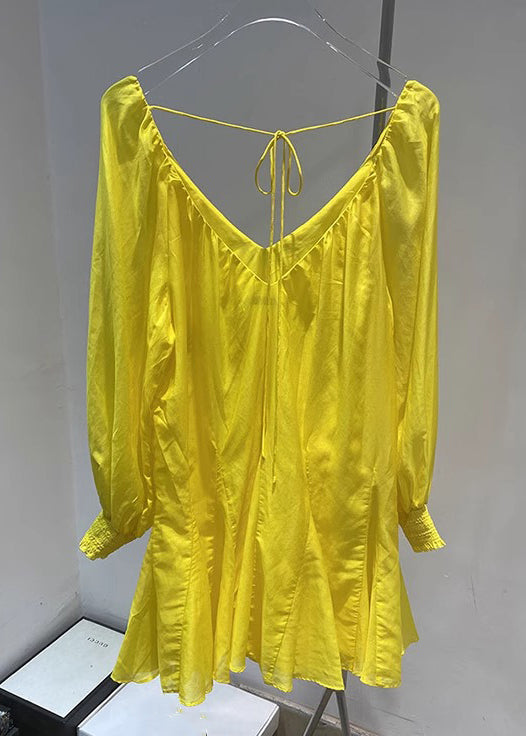 Neu V Spitze Gelb Kleid Up Solide Mini Frühling Baumwolle
