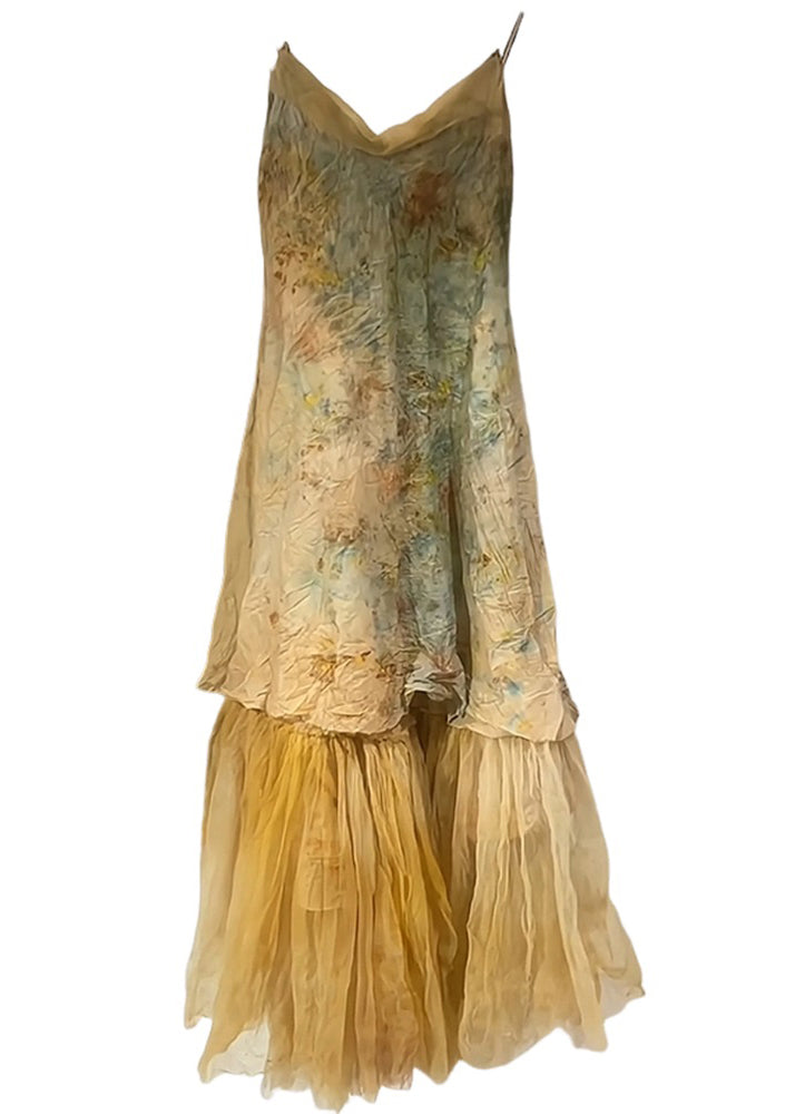 Neues ärmelloses Kleid mit V-Ausschnitt und Spaghettiträgern aus Tüll im Patchwork-Stil in Gelb KK093