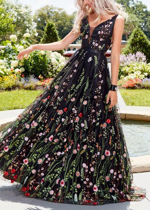 Neuartiges schwarzes besticktes rückenfreies Maxikleid aus Tüll, ärmellos, TL027