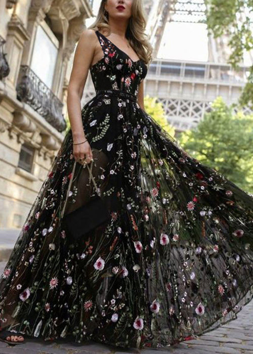Neuartiges schwarzes besticktes rückenfreies Maxikleid aus Tüll, ärmellos, TL027