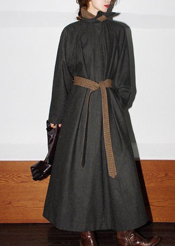 Neuheit Schwarzgrün Rollkragen Patchwork Krawatte Taille Woll Maxi Trenchcoats Frühling TA014