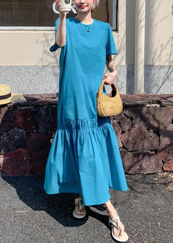 Lange Aus Patchwork Rüschen Sommer Neuheit Blau Hohl Kleid Solide