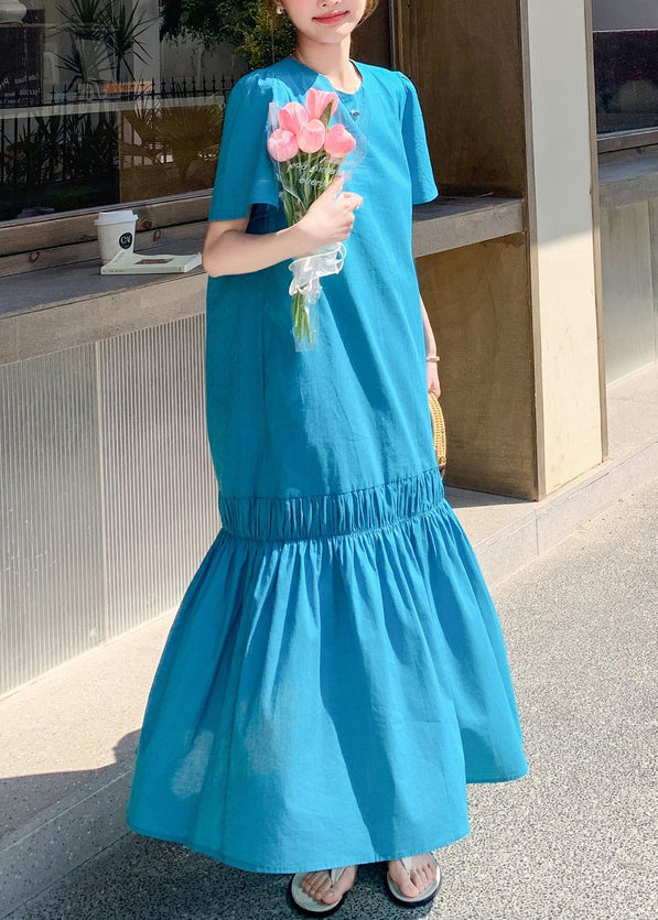 Lange Aus Patchwork Rüschen Sommer Neuheit Blau Hohl Kleid Solide