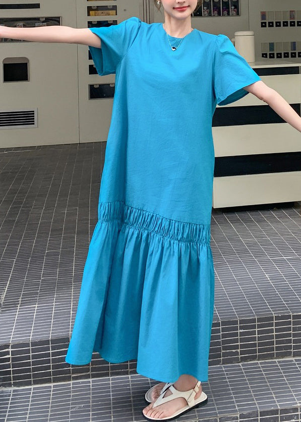 Lange Aus Patchwork Rüschen Sommer Neuheit Blau Hohl Kleid Solide