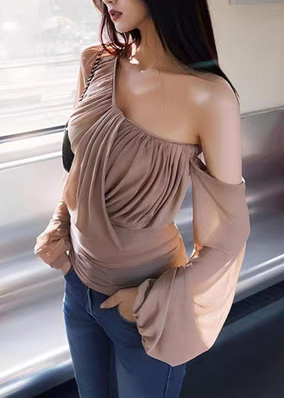 Sleeve Tops Wrinkled One Tulle Khaki Lantern Novelty Shoulder
